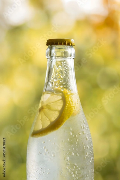 Fototapeta Close-Up of Chilled Glass Bottle with Lemon Slice and Condensation Droplets Against a Warm Yellow Bokeh Background