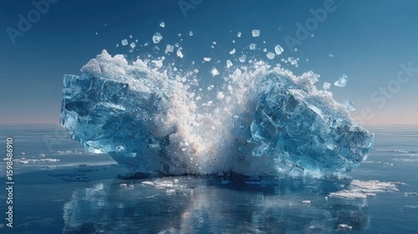 Fototapeta Massive icebergs collide in the Arctic Ocean, sending shards of ice into the air. The bright blue ice contrasts with the tranquil water and clear sky, highlighting the beauty of nature.