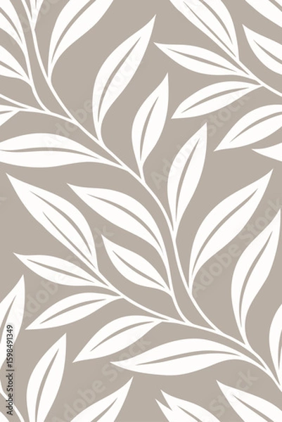 Fototapeta White leaves on taupe background seamless pattern floral