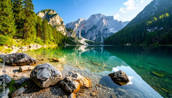 Obraz Alpine lake with mountain reflection, and summer.