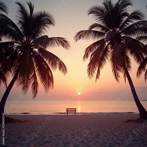 Fototapeta Sunset Beach Scene with Palm Trees and Retro Color Tones