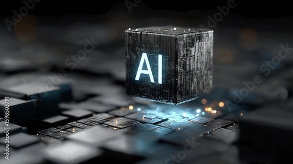 Fototapeta Glowing AI cube above black-gray stacked cubes, symbolizing artificial intelligence with dramatic lighting effects, 3d render of a glowing cube AI text on a black background.
