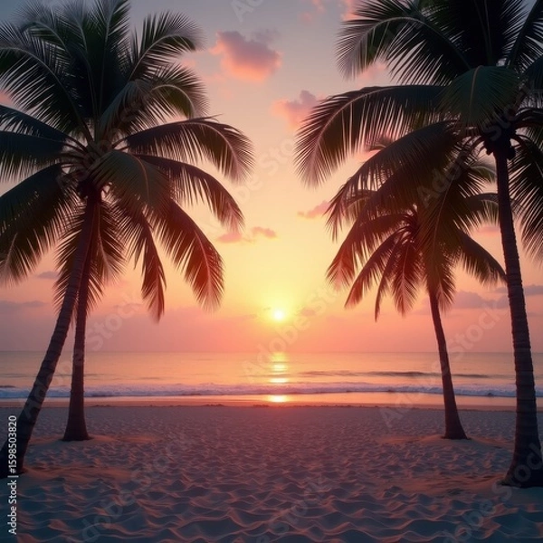 Fototapeta Sunset Beach Scene with Palm Trees and Retro Color Tones