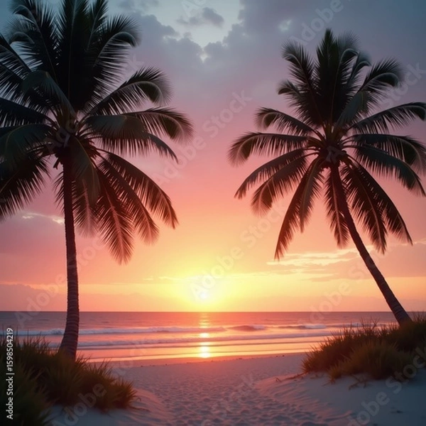 Fototapeta Sunset Beach Scene with Palm Trees and Retro Color Tones