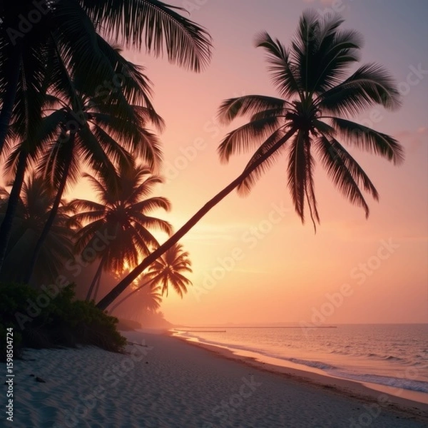 Fototapeta Sunset Beach Scene with Palm Trees and Retro Color Tones