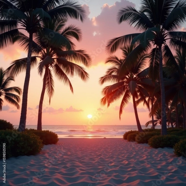 Fototapeta Sunset Beach Scene with Palm Trees and Retro Color Tones