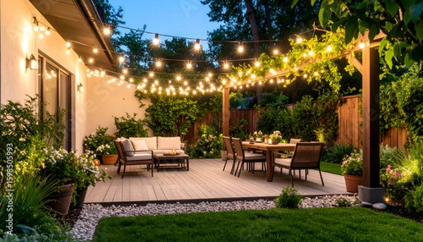 Obraz Backyard patio with evening lights, and summer.