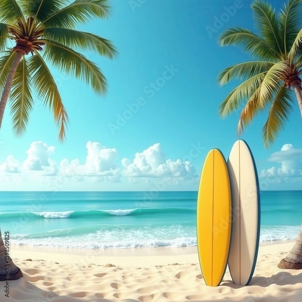 Fototapeta Surfboards in Sand with Palm Trees and Ocean Background
