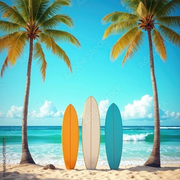 Fototapeta Surfboards in Sand with Palm Trees and Ocean Background