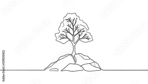 Fototapeta Lone Tree on Rocks with Line Art.