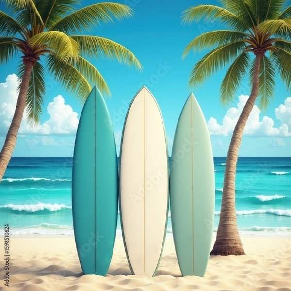 Fototapeta Surfboards in Sand with Palm Trees and Ocean Background