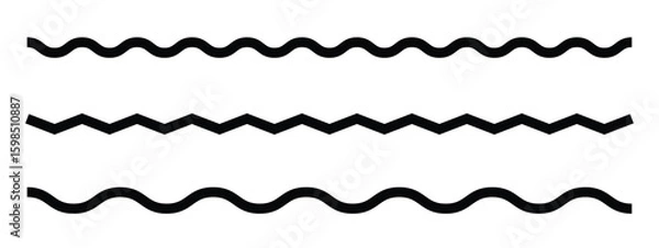 Fototapeta Wave line and wavy zigzag pattern lines. Vector black underlines, smooth end squiggly horizontal curvy squiggles on white background.
