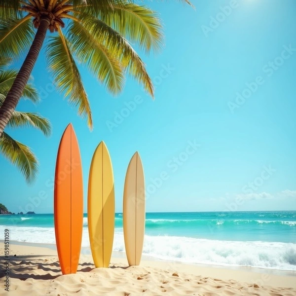 Fototapeta Surfboards in Sand with Palm Trees and Ocean Background