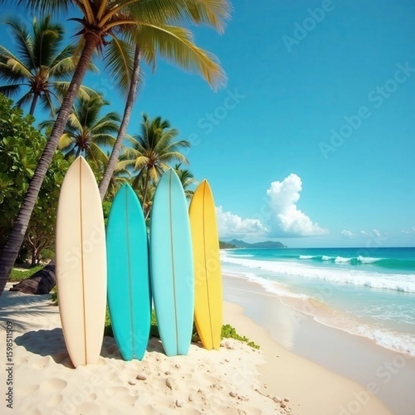 Fototapeta Surfboards in Sand with Palm Trees and Ocean Background