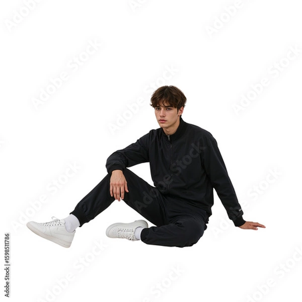 Fototapeta Young man in stylish black tracksuit and white sneakers sitting casually, looking directly at the camera with a relaxed posture, conveying modern fashion.