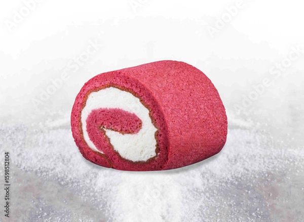 Fototapeta Red Velvet Cream Roll with Swirled white creamy filling on White Background side view of dessert