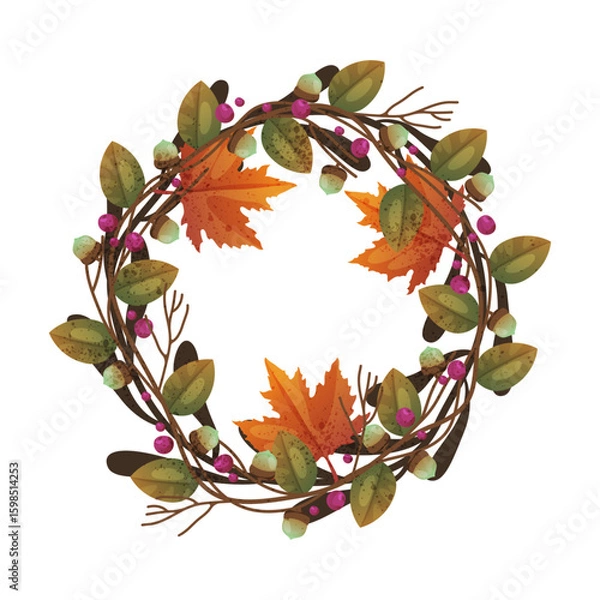 Obraz Fallen leaves wreath. Vector autumn leaf circle. Background fall ornament or thanksgiving foliage decoration. Seasonal nature backdrop for harvest holiday or festive. Forest and wood, garden symbol.