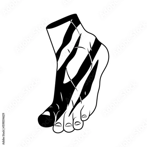 Obraz Human foot with zebra pattern. Vector surreal leg covered in black and white animal stripes. Feet symbol with wild camouflage decoration. Creative body part with skin print or tribal texture. Anatomy.