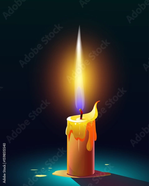 Fototapeta Realistic glowing candle with melting wax in a dark, atmospheric setting. Ideal for video games, Halloween graphics or creepy digital scenes.