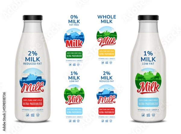 Fototapeta Set of vector milk labels. Milk glass bottles with labels