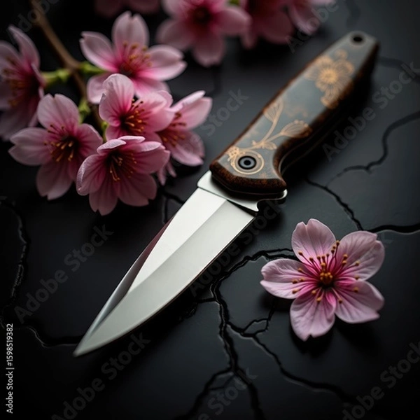 Fototapeta Close-up of a Japanese-style folding knife on black lacquer surface with cherry blossom petals
