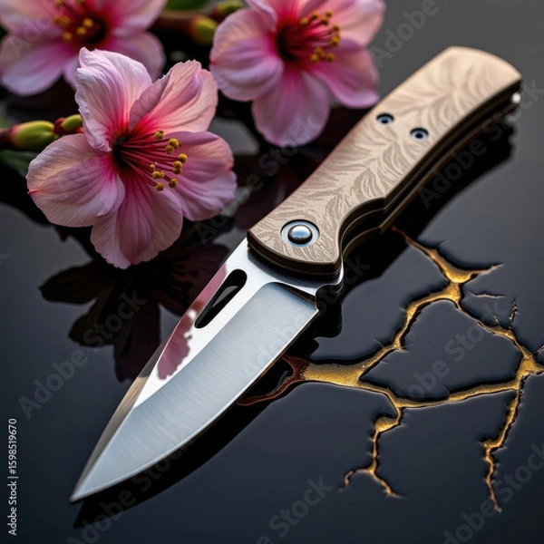 Fototapeta Close-up of a Japanese-style folding knife on black lacquer surface with cherry blossom petals