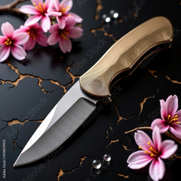 Fototapeta Close-up of a Japanese-style folding knife on black lacquer surface with cherry blossom petals
