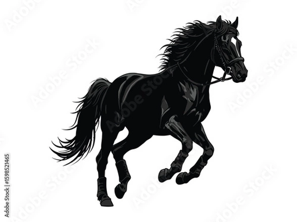 Obraz black horse silhouette in motion with bridle and flowing mane
