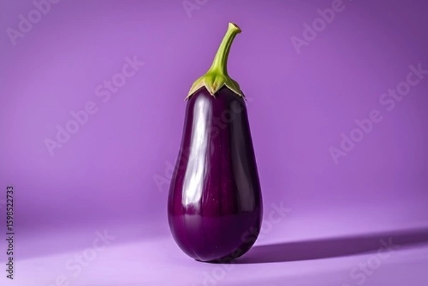 Fototapeta Centered Glossy Eggplant on Soft Purple Background with Minimalist Botanical Composition
