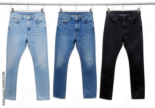 Obraz Three pairs of denim jeans in light blue medium blue and black hanging on a line isolated on transparent background