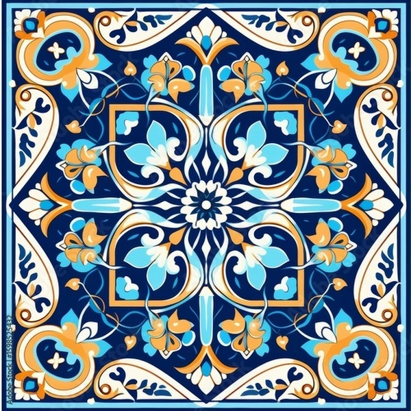 Fototapeta A vibrant square tile design showcasing a complex symmetrical pattern in rich blues, oranges, and whites, reflecting traditional Mediterranean or Spanish ceramic artistry.