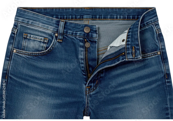 Obraz Close up view of classic blue denim jeans with button fly closure isolated on transparent background