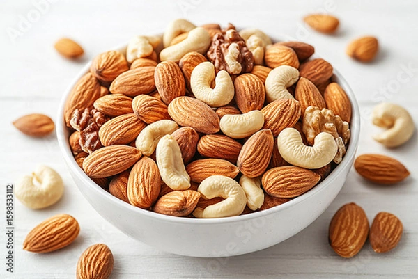 Obraz Great for snack advertisements. Healthy mix of almonds, walnuts and cashews in a white bowl.
