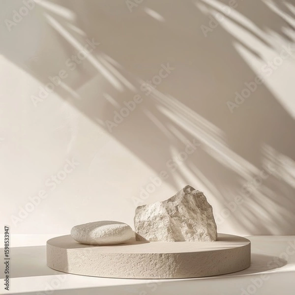 Fototapeta A harmonious composition featuring a textured white rock next to a small, smooth white pebble, both resting on a round, light-beige platform, with gentle leaf shadows on a light wall.