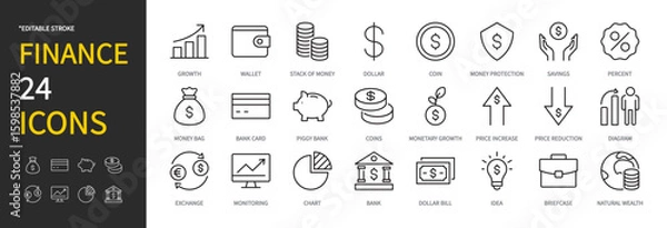 Fototapeta Finance icon set. Business, economy, coin, savings, money bag, bank card, piggy bank, price, diagram, exchange, monitoring, chart, dollar bill, briefcase, etc. Editable stroke, vector illustration.