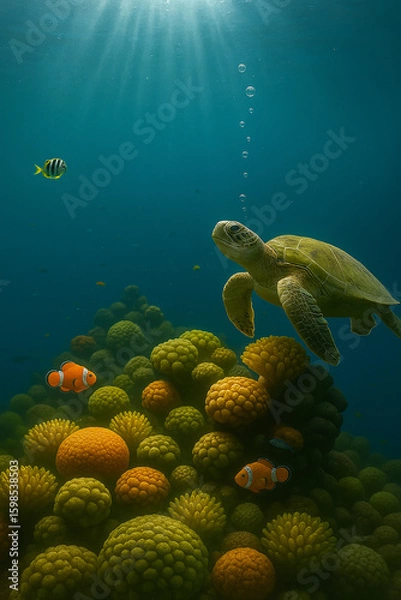 Fototapeta Sea turtle swimming over colorful coral reefs