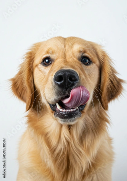 Fototapeta Portrait of golden retriever licking its nose with a funny expression