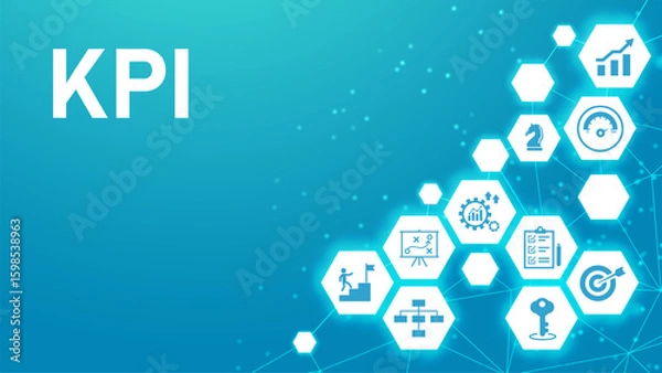 Fototapeta Banner KPI concept with icons. Key Performance Indicator using Business Intelligence metrics to measure achievement versus planned target. eps 10