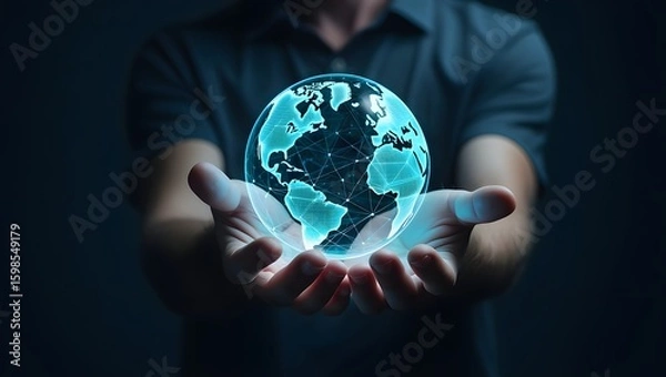 Obraz Global network connection technology concept world globe in hands digital earth map