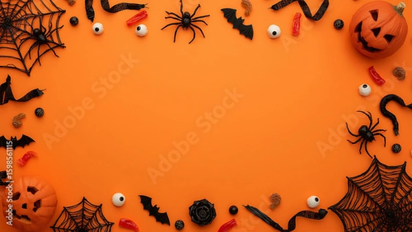 Obraz Halloween Flat Lay Background with Pumpkins, Bats, Spiders and Candy on Orange

