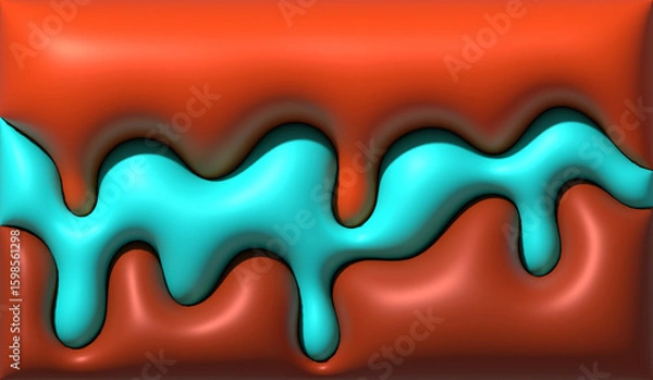 Fototapeta Abstract illustration with wavy shapes in light blue flowing down a rich orange surface, glossy texture and volumetric appearance. 3D rendering illustration