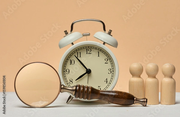 Fototapeta White vintage alarm clock, magnifying glass and three wooden human figures. The composition symbolizes the search for time, efficiency or analysis of resources.