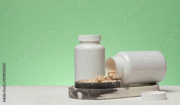 Fototapeta Two white plastic jars, one of which is overturned and capsules are spilling out, are placed on a marble stand.