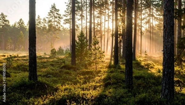 Fototapeta Sunlight streams through misty pine forest