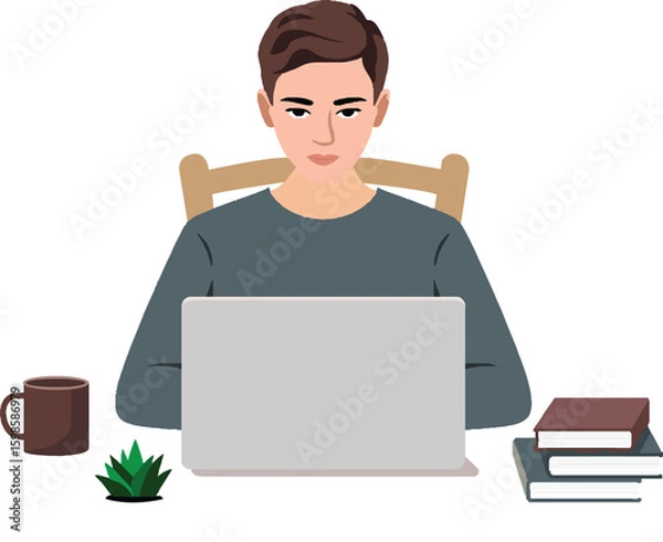 Fototapeta Young businessman in a suit smiling while working on his laptop in the office
