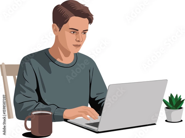Fototapeta Young man working on a laptop and smiling in a casual office setting