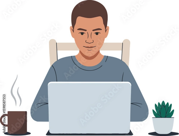Fototapeta Young businessman in a suit smiling while working on his laptop in the office
