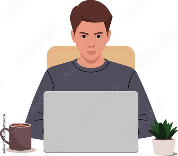 Fototapeta Young businessman in a suit smiling while working on his laptop in the office
