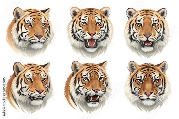 Fototapeta Six tiger heads with varied expressions isolated on a transparent background
