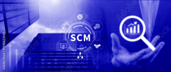 Fototapeta SCM concept, Supply Chain Management, Logistic and transport, Communication network. organizing and controlling resources to meet the needs of customers.